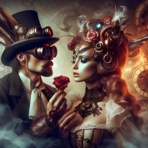 fantasy surreal steampunk, couple, tower, train, birds, guns, clouds, gears, pipes, lightssteampunk lovers-3