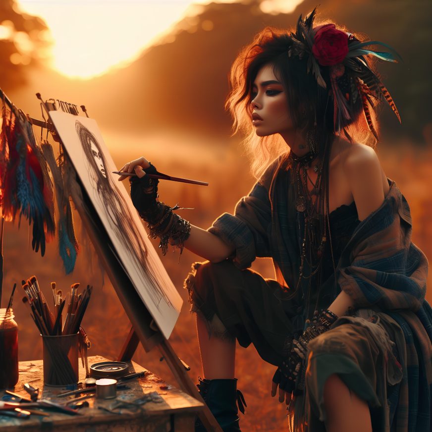 painting, art, love, sunset